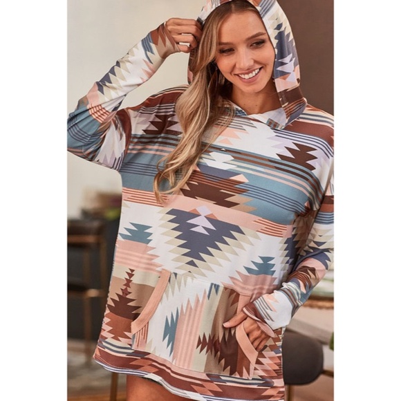 Sweaters - Nude Teal Western Bohemian Aztec Tribal Brushed Knit Long Sleeve Hooded Top